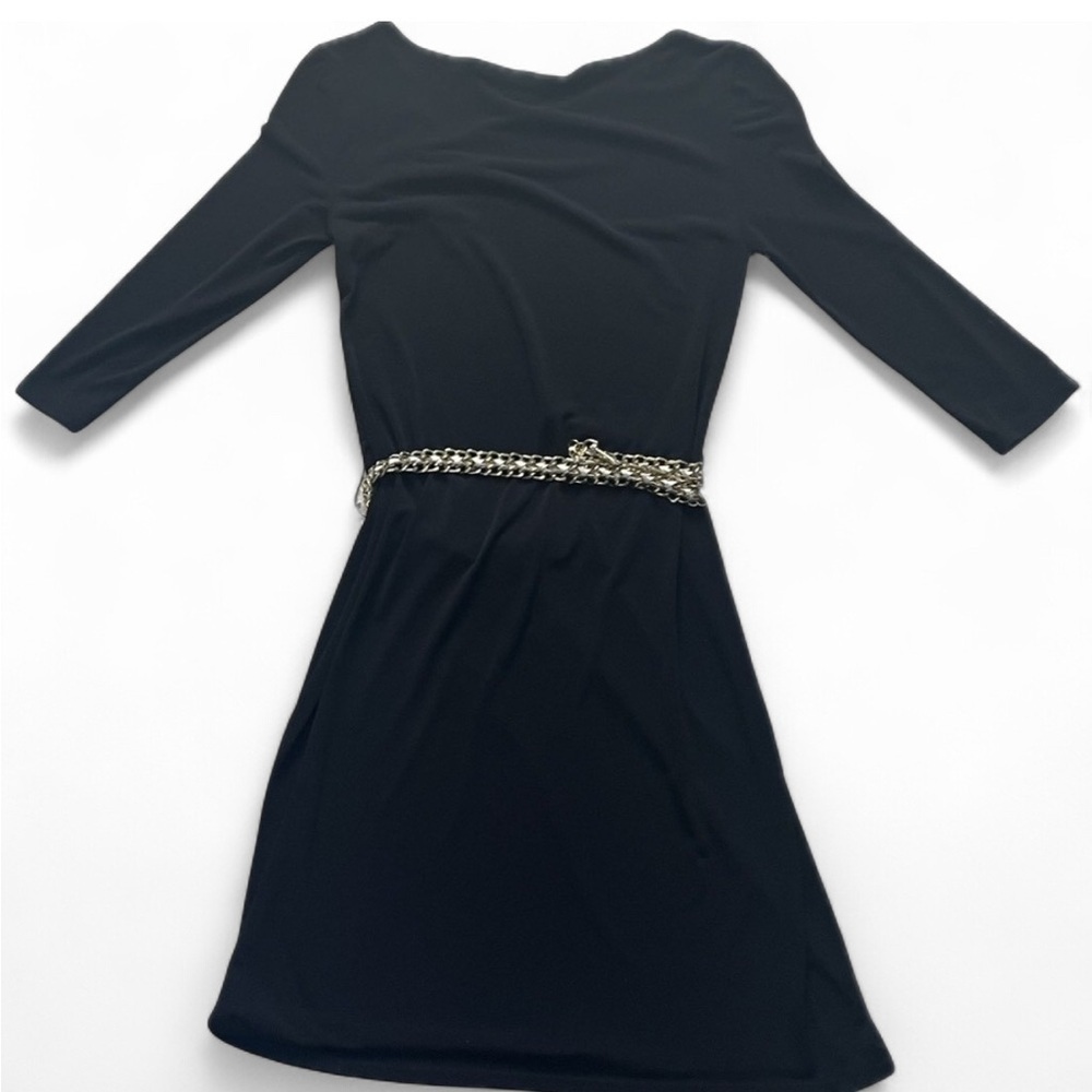 White House Black Market dress, size XXS. Black with gold chain. 3/4 sleeves. - Picture 3 of 7